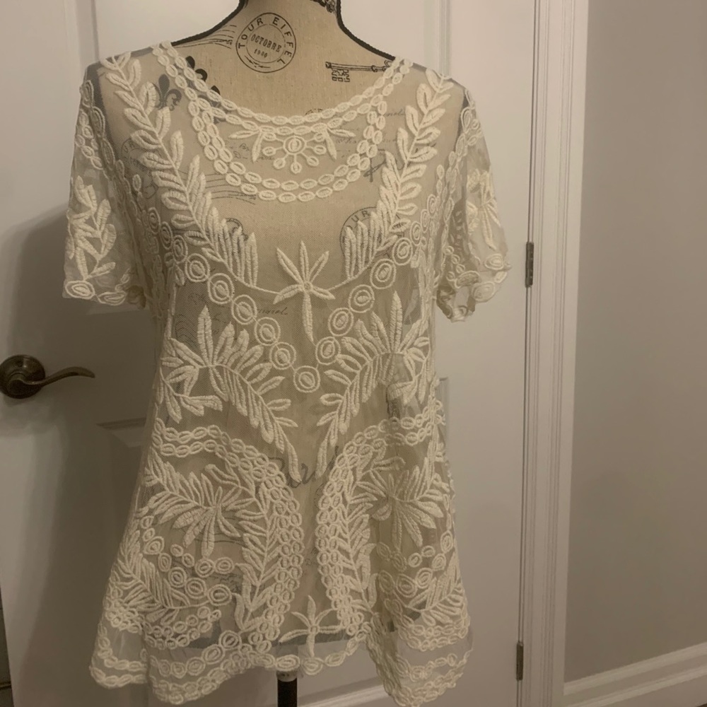 Neiman Marcus Embroidered Sheer Cream Shirt